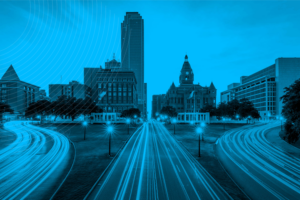 Building graphic with highlighted roadways