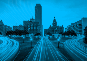Building graphic with highlighted roadways